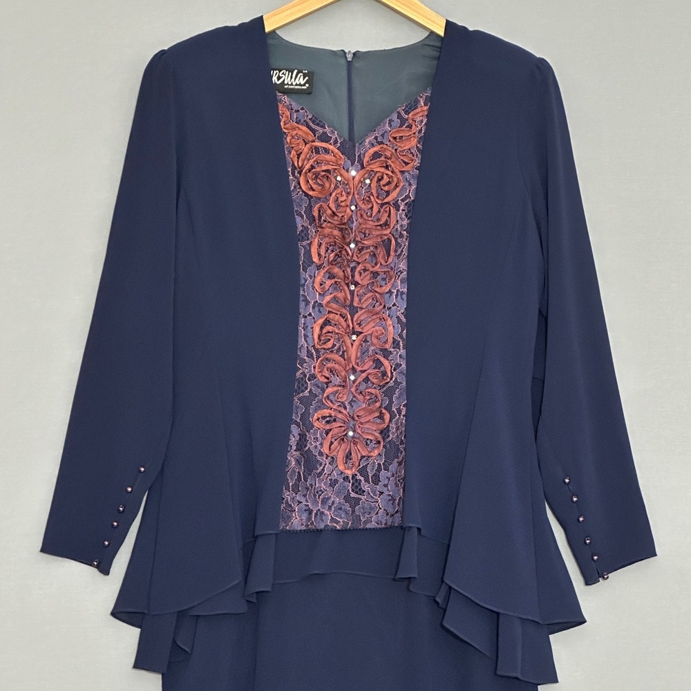 VTG 90s Ursula of Switzerland Womens Dress 14 Navy Blue Lace Ruffle Retro Event - Picture 2 of 11
